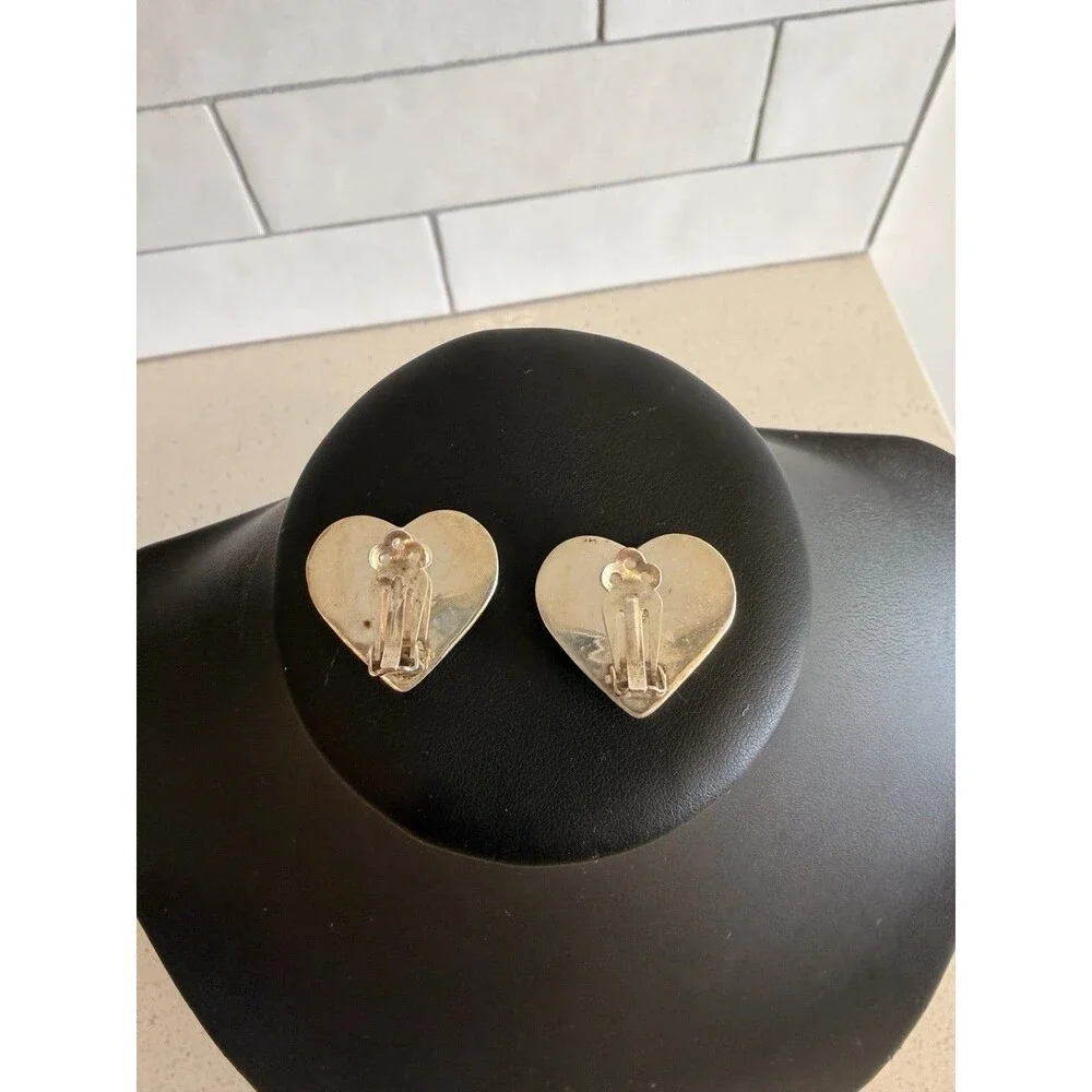 925 Stamped Sterling Silver Floral Etched Heart Clip On Earrings Cottagecore